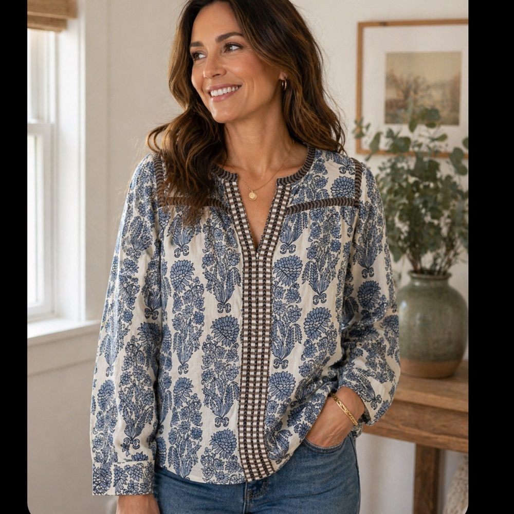 J.Crew Floral Button-Front Blouse - Blue/Cream - Size Medium
